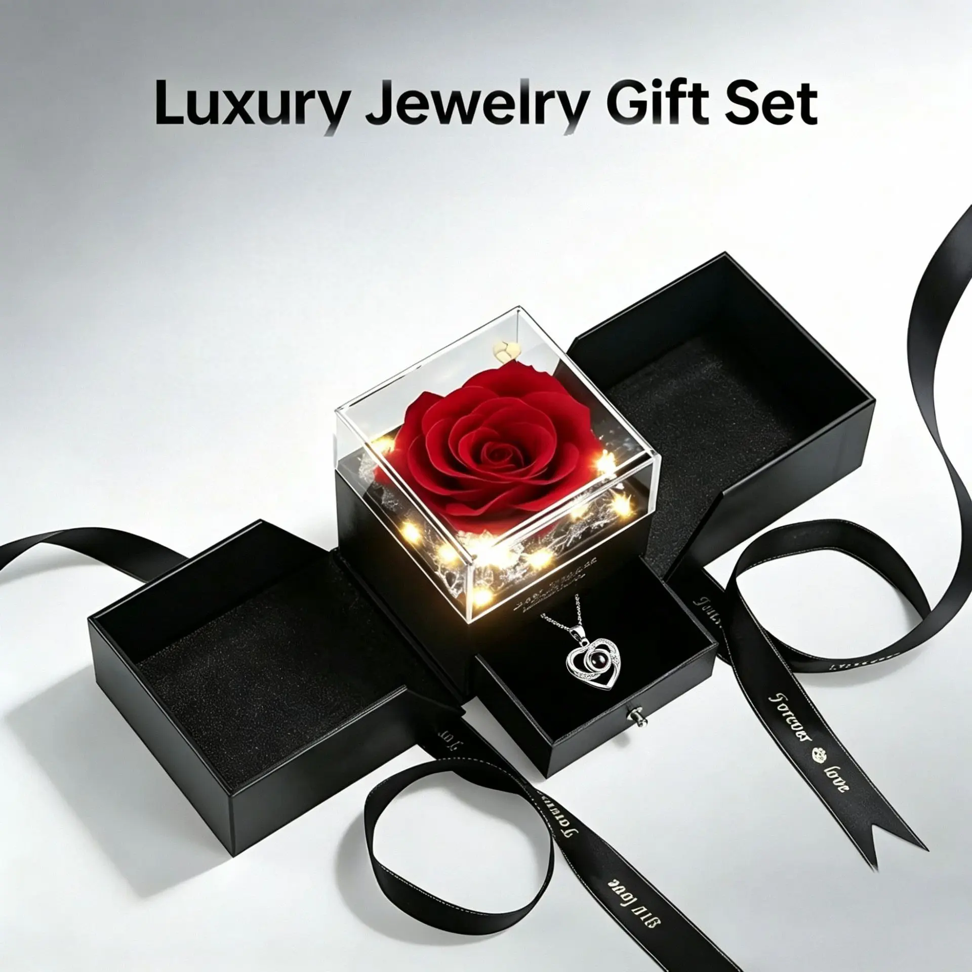 Forever Love Preserved Real Rose with Heart Necklace, Mothers Day Gifts for Mom, Wife, Anniversary Birthday Gifts for Women – Projects "I Love You" in 100 Languages