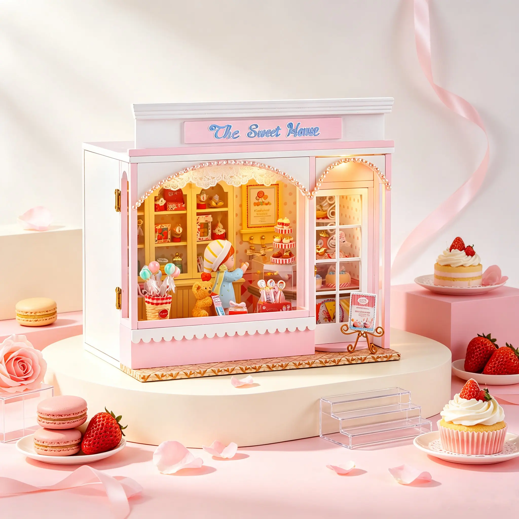 Sweetheart Miniature Dollhouse DIY Kit, Includes Lollipops, Cakes, Bear Figurines, Perfect Gift for Girls and Model Enthusiasts