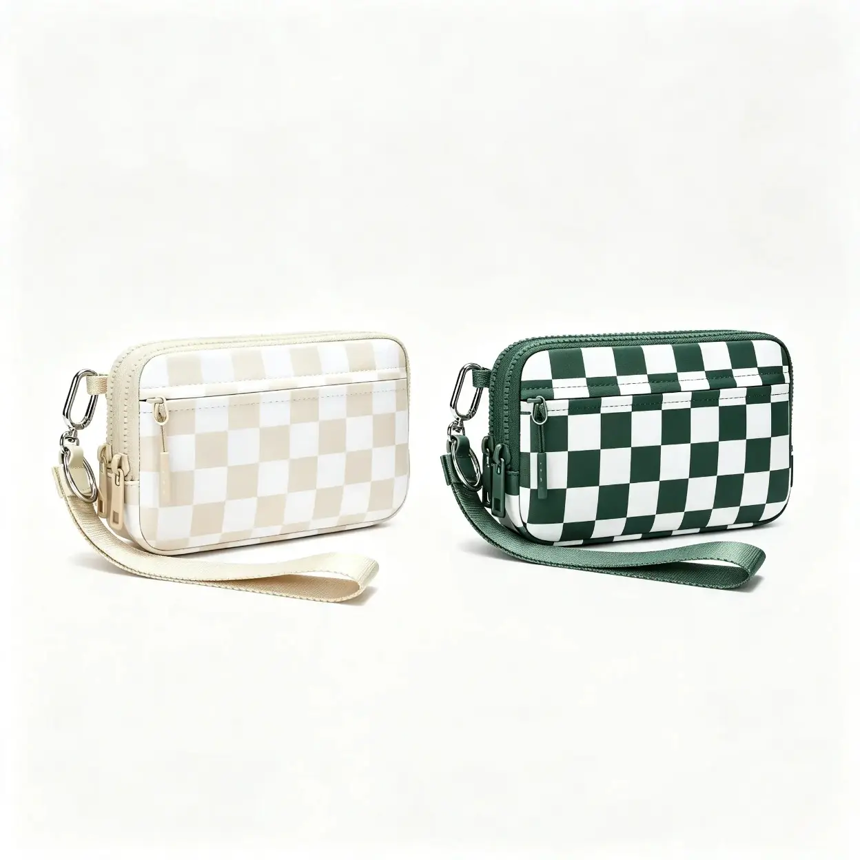 Checkered Nylon Wristlet Clutch Purse, Multi‑Zipper Pocket Travel Organizer Pouch, Lightweight Portable Wrist Wallet With Hand Strap, Secure Phone & Card Storage Bag, Minimalist Accessory For Daily Commute & Travel Use