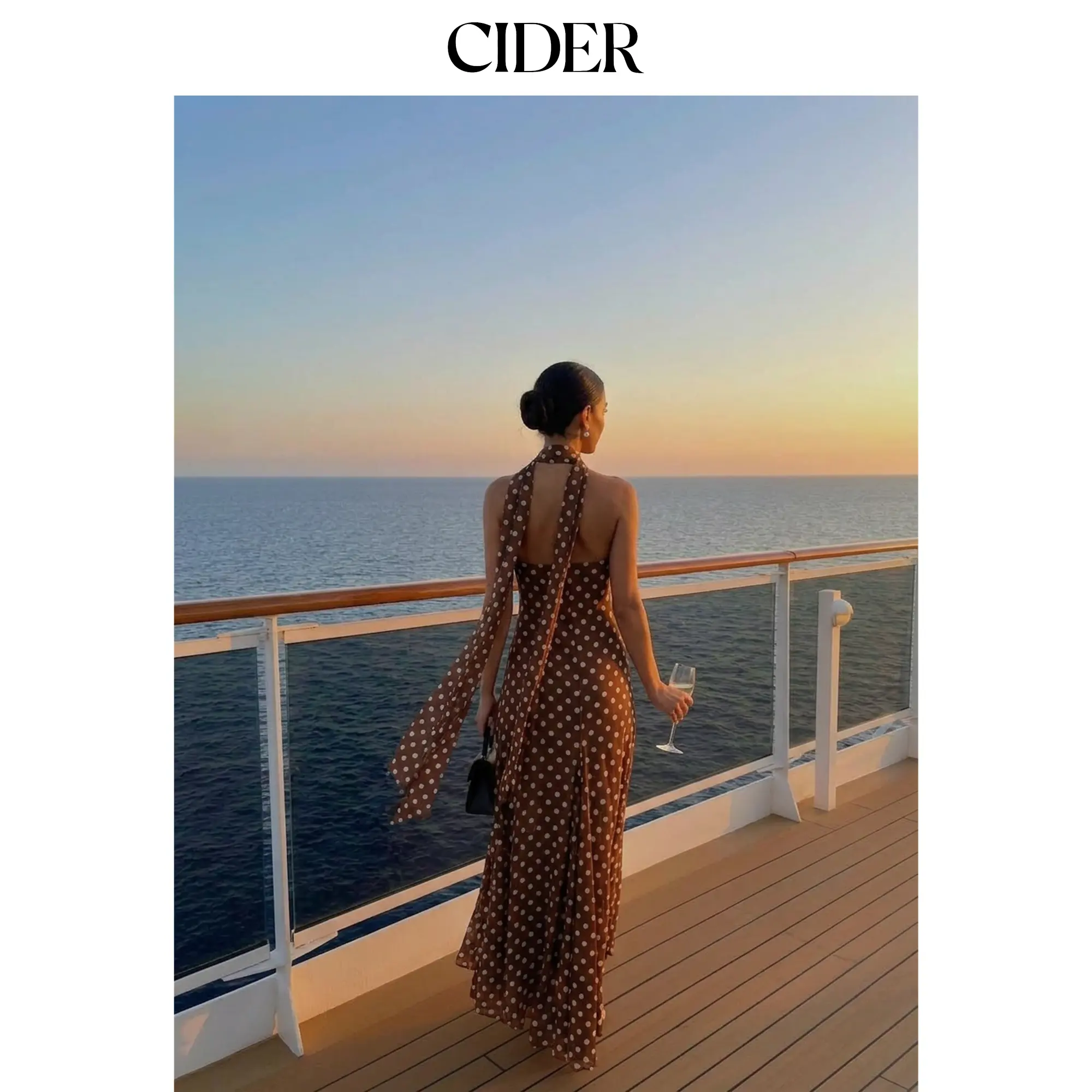 Cider Chiffon Halter Neckline Polka Dot Ruffled Hem Ruched Maxi Dress