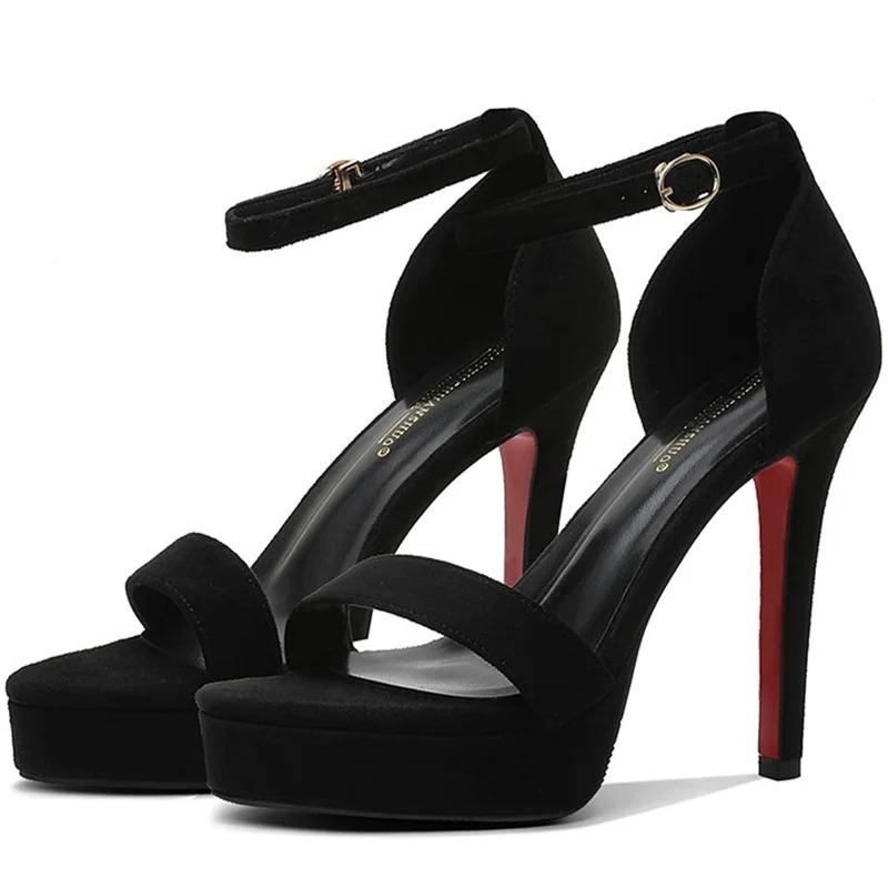 2025 New Summer Women 12cm High Heels 2cm Platform Suede Black Sandals Lady Stiletto Heels Strappy Sandles Catwalk Fetish Shoes