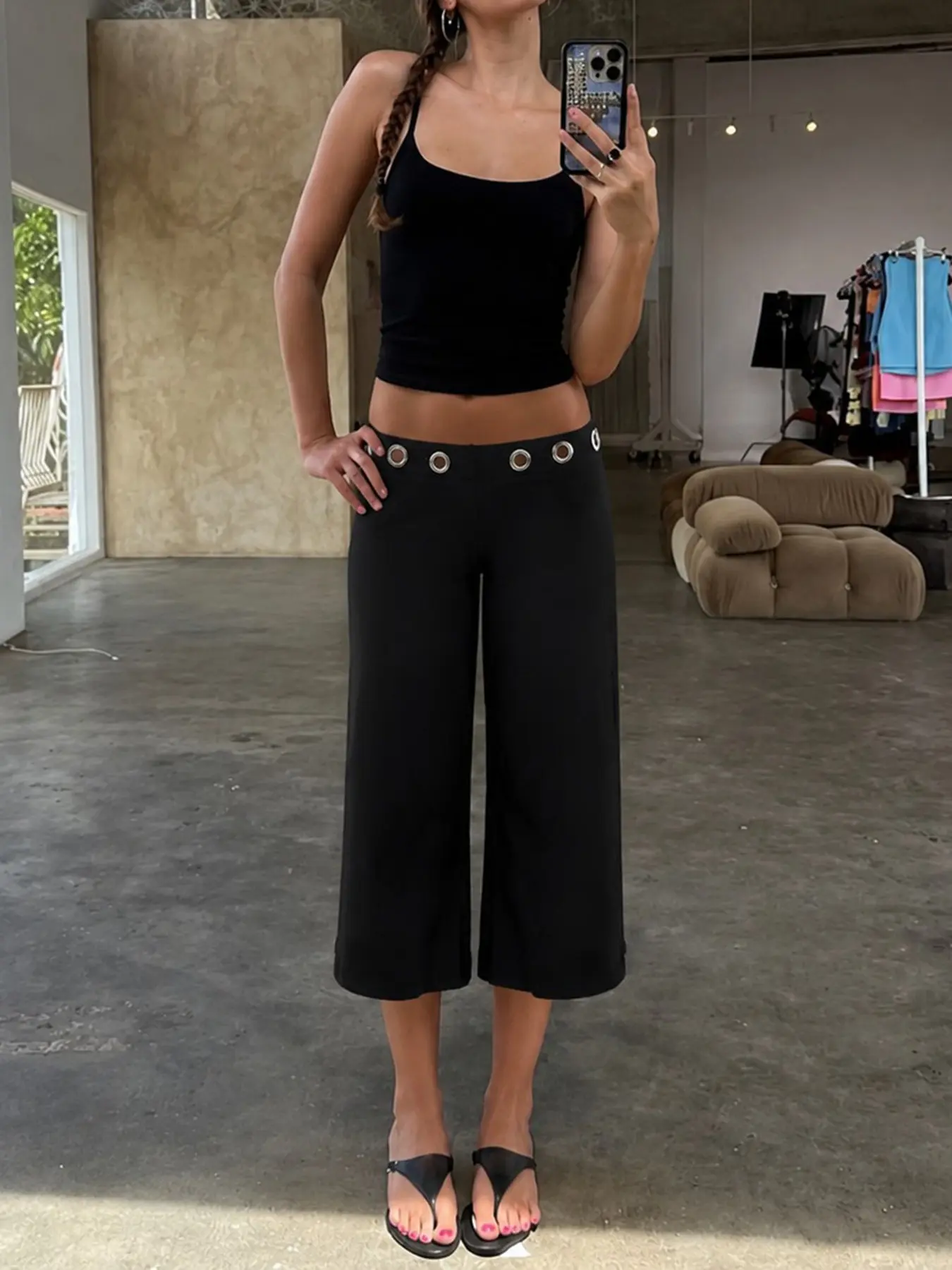 Design Sensational Chicken Eye Buckle Patchwork Casual Comfy Stretchy Mid-Length Pants, Flowy Solid Color Straight Leg Seven-Eighths Pants, Women's Home & Office Wear, Casual Lounge Pant