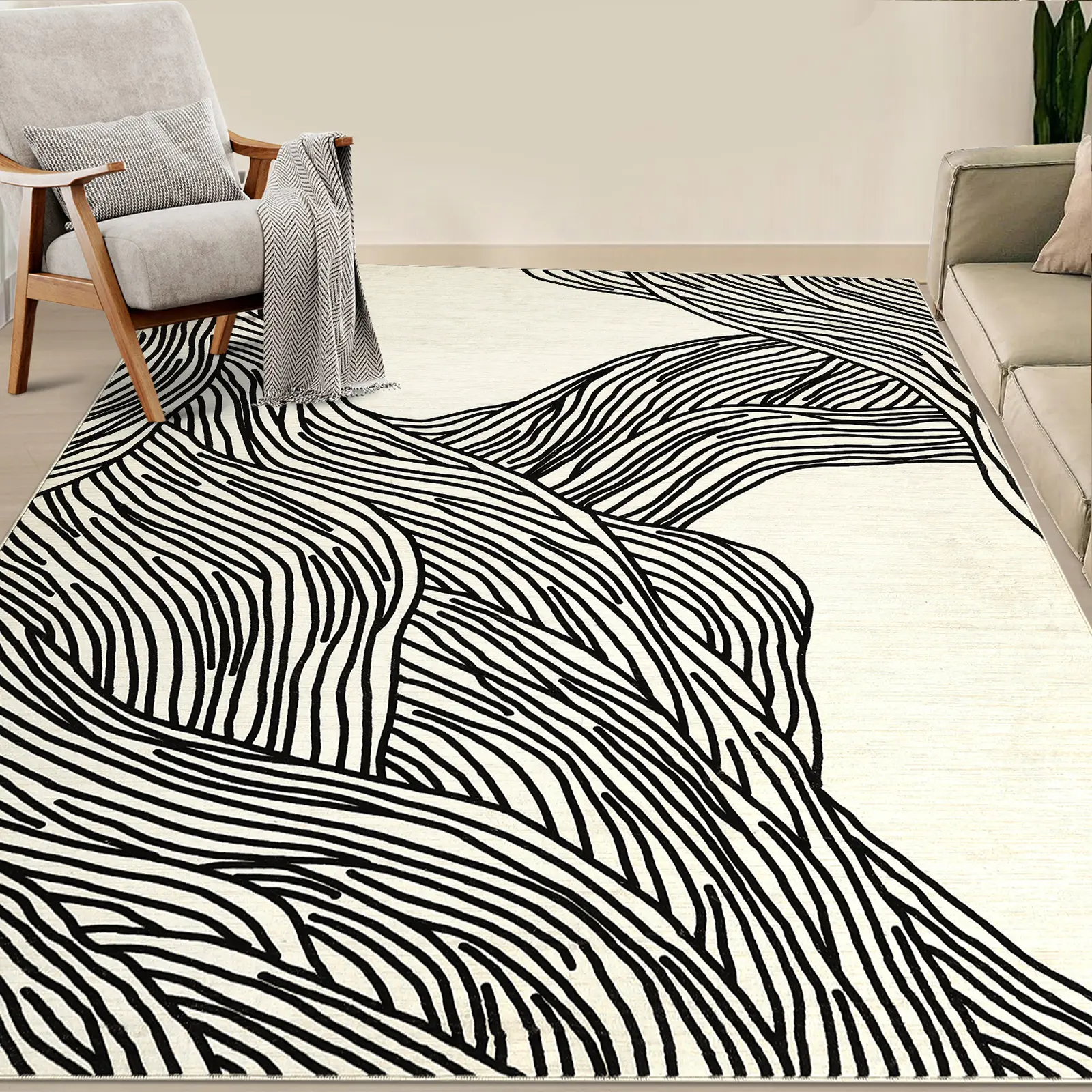 Modern Abstract Runner Rug – Machine Washable, Non-Slip, Low Pile Carpet – Soft Faux Wool, Spot Resistant, Striped Design for Entryway, Hallway, Kitchen, Bedroom – Black/Ivory/Camel