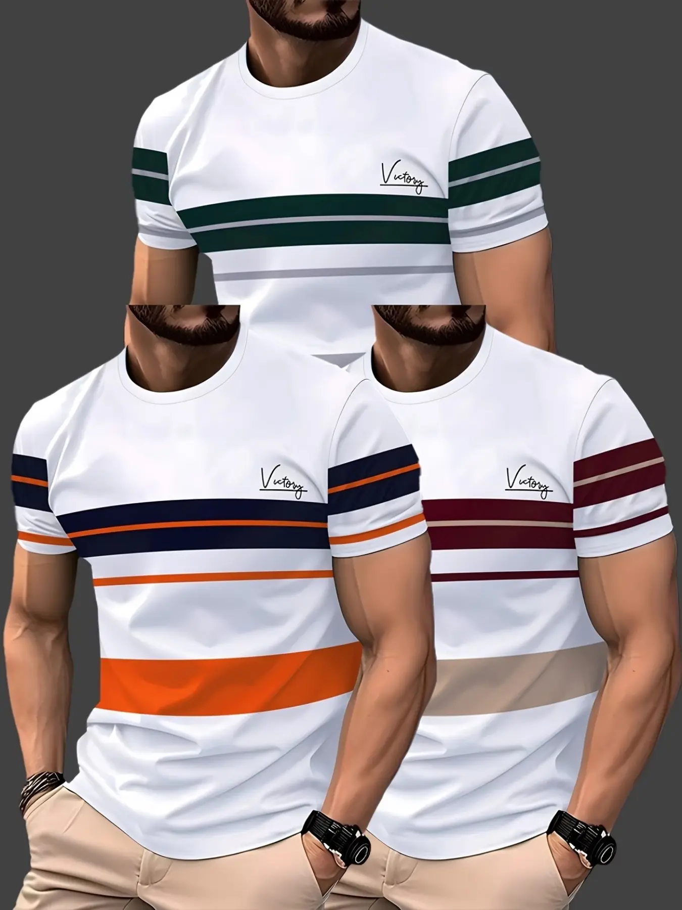 Men's 3D Short Sleeve T-Shirt Set, Casual Fashion Streetwear Geometric Pattern, Fitted H-Type Design, All-Seasons Wear, 3-Piece