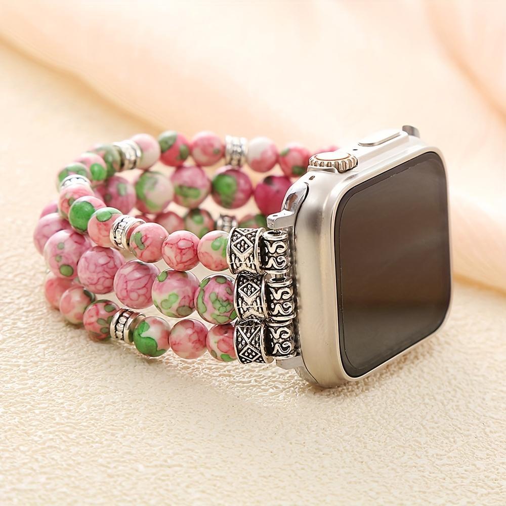 Bohemian-Style Pink Rainbow Jade Bead Apple Watch Band — Women's Elastic Crystal Beaded Wristband, Compatible with 38mm–41mm iWatch Series 10/9/8/7/6/SE/3/2/1