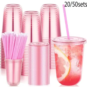 20/50 Set 16oz Plastic Cups with Lids and Straws, Disposable Transparent Ice Coffee Cups, Round Bottom Cold Drink Cups, Valentine's Day Party Supplies