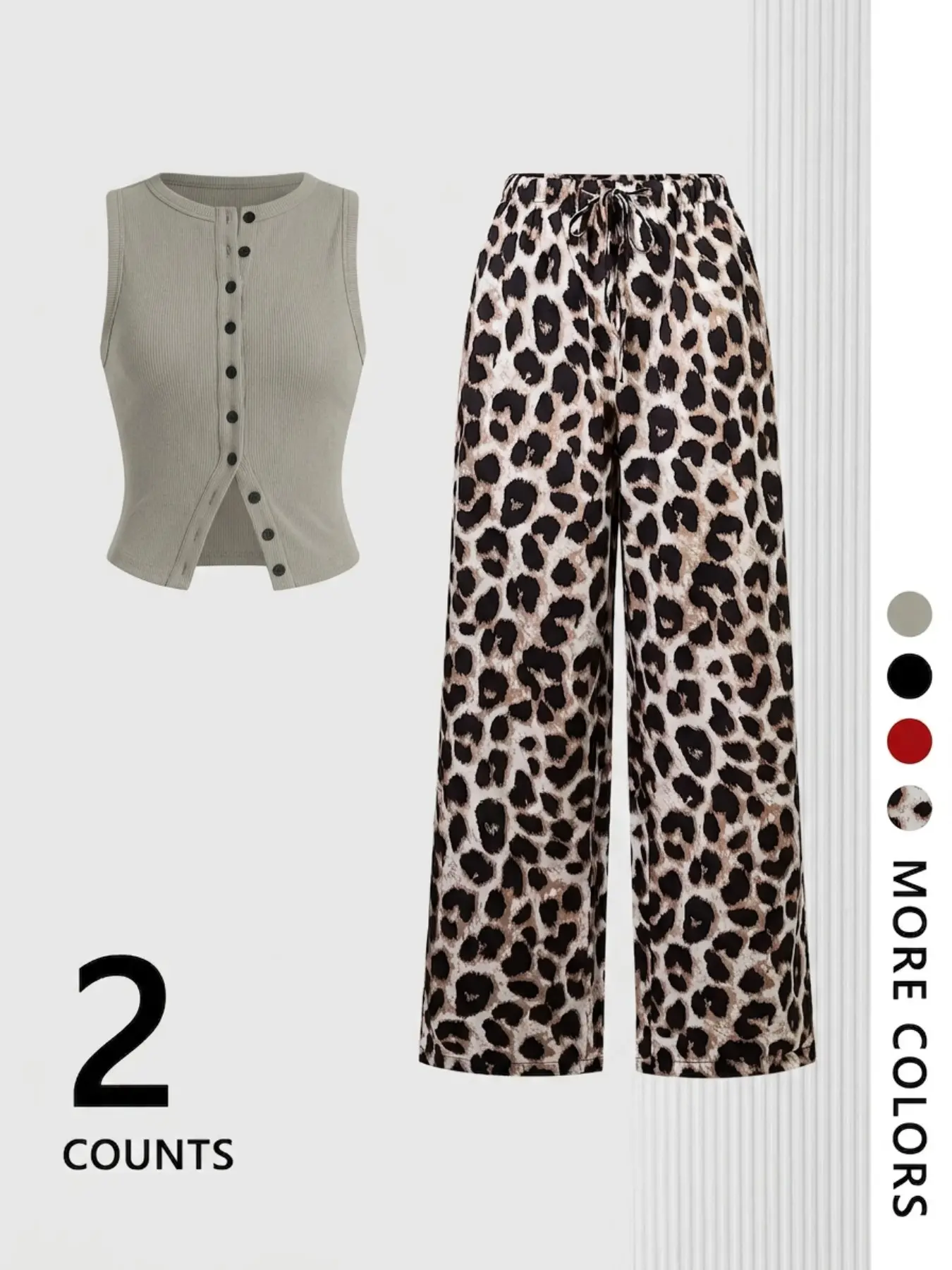 Women's Knit Striped Button Front Split Sleeveless Vest & Leopard Print Drawstring Wide Leg Pants Set, Summer Slim Fit Clothes