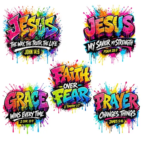 Christianity Fabric DTF Transfers Bundle - Jesus The Way The Truth The Life, Prayer Wins Every Time, Grace Over Fear - Washable Iron-On Stickers for T-Shirts, Bags - Bible Verse Heat Decals