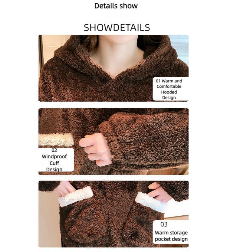 Autumn Winter Thickened Warm Women Loungewear Suit Cartoon Plush Hooded Bear Sleepwear Ladies Flannel Homewear Nightwear Set