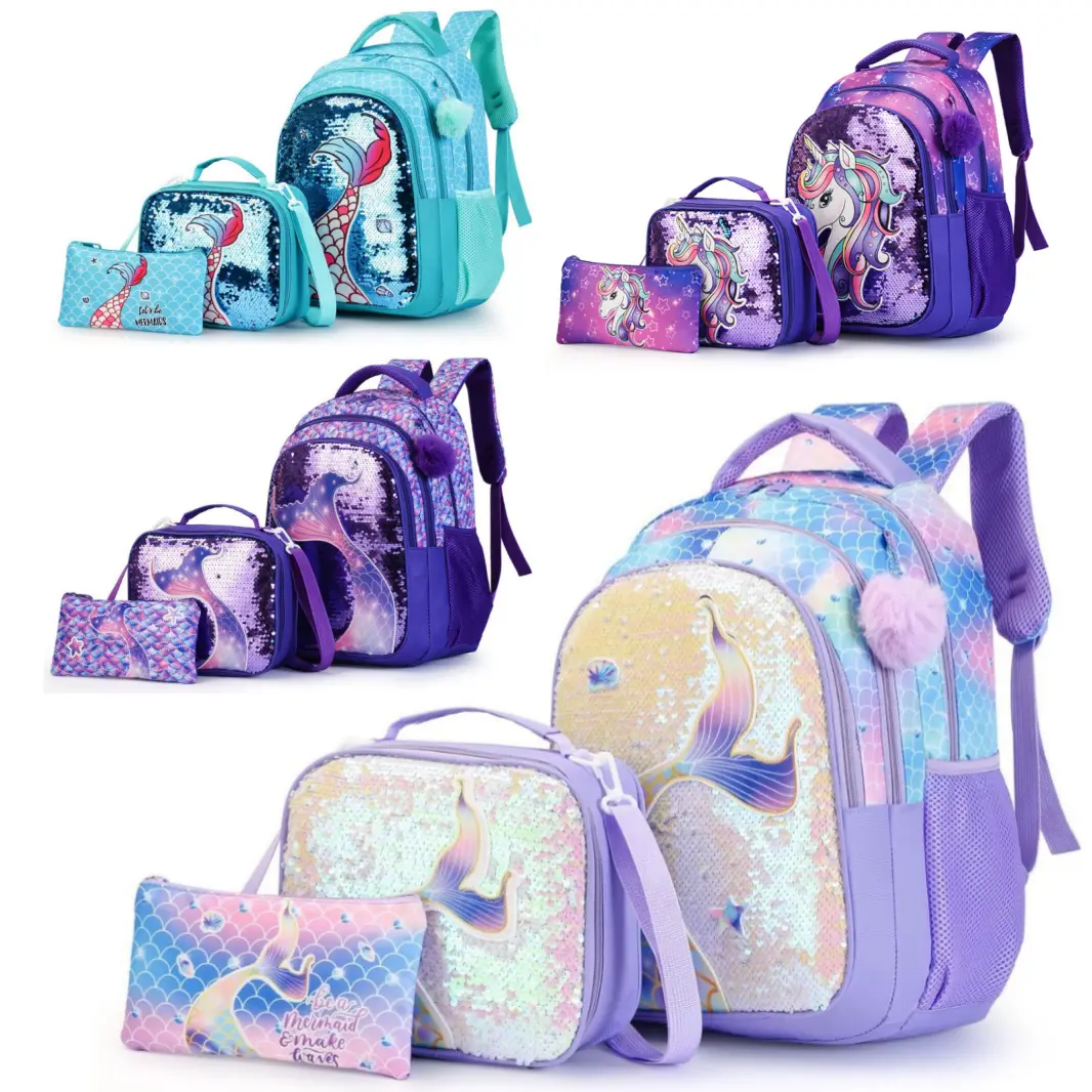 Girls' 3-Piece Sequin Unicorn Backpack Set - Glitter School Bag, Lunch Bag, Pencil Case, Backpacks for School, Childrens Bag, Glitter Finish