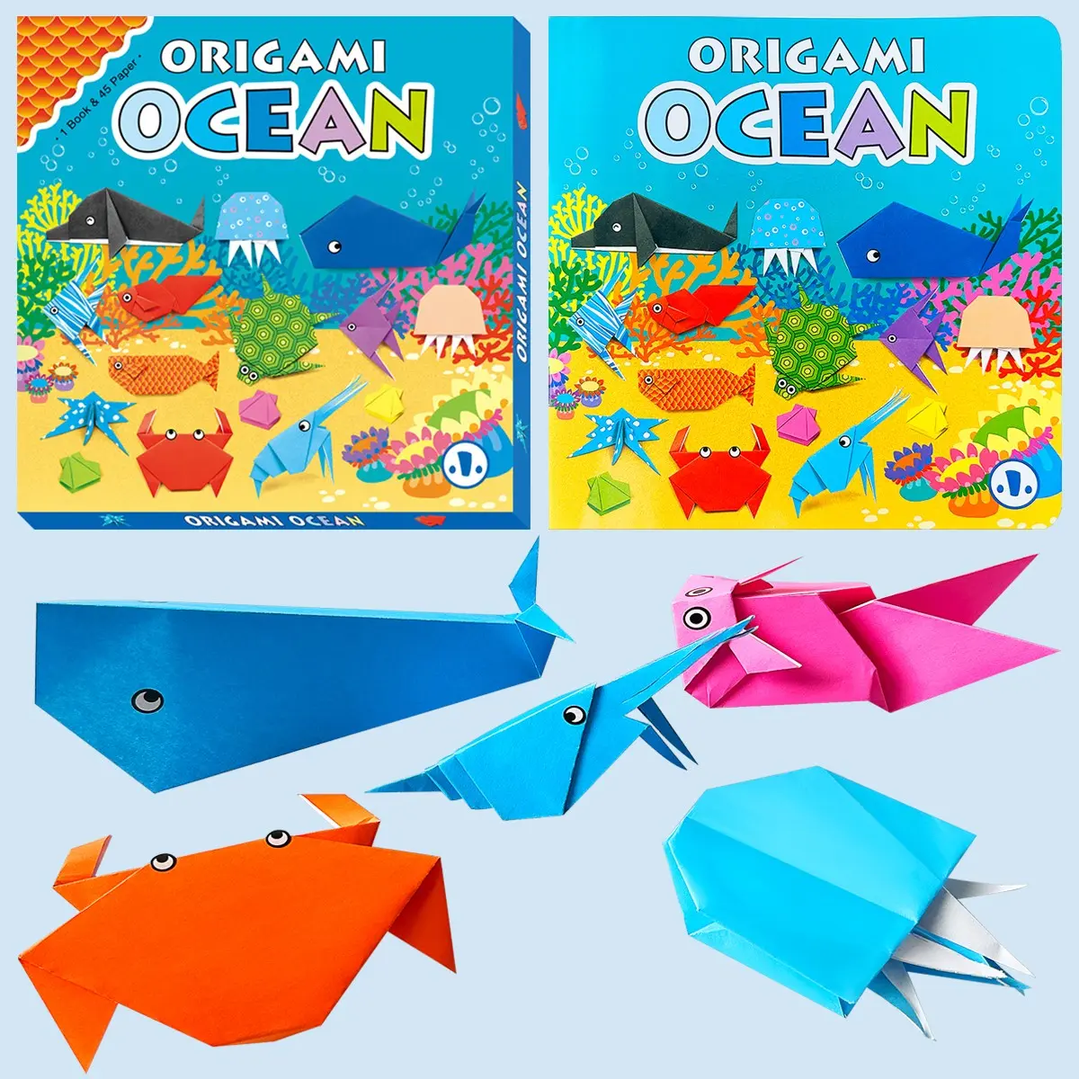 Ocean Life Origami Tutorial Book, 45 Color Papers, Durable Hard Cover, Safe Rounded Edges, Eco-Friendly, Step-By-Step Instructions, Creative Learning Gift
