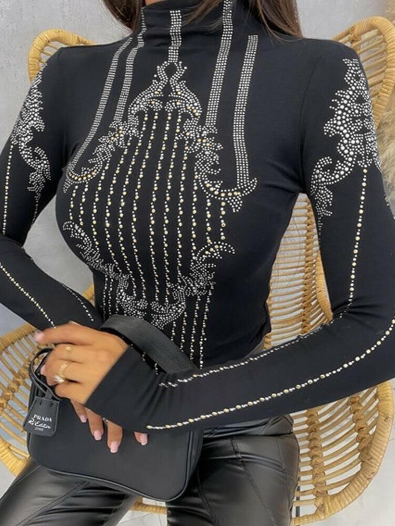 Women's Rhinestone Decor Mock Neck T-shirts, Elegant Long Sleeve T-shirts for Spring & Fall, Women's Clothing for Daily Wear, Casual Fashionable Top