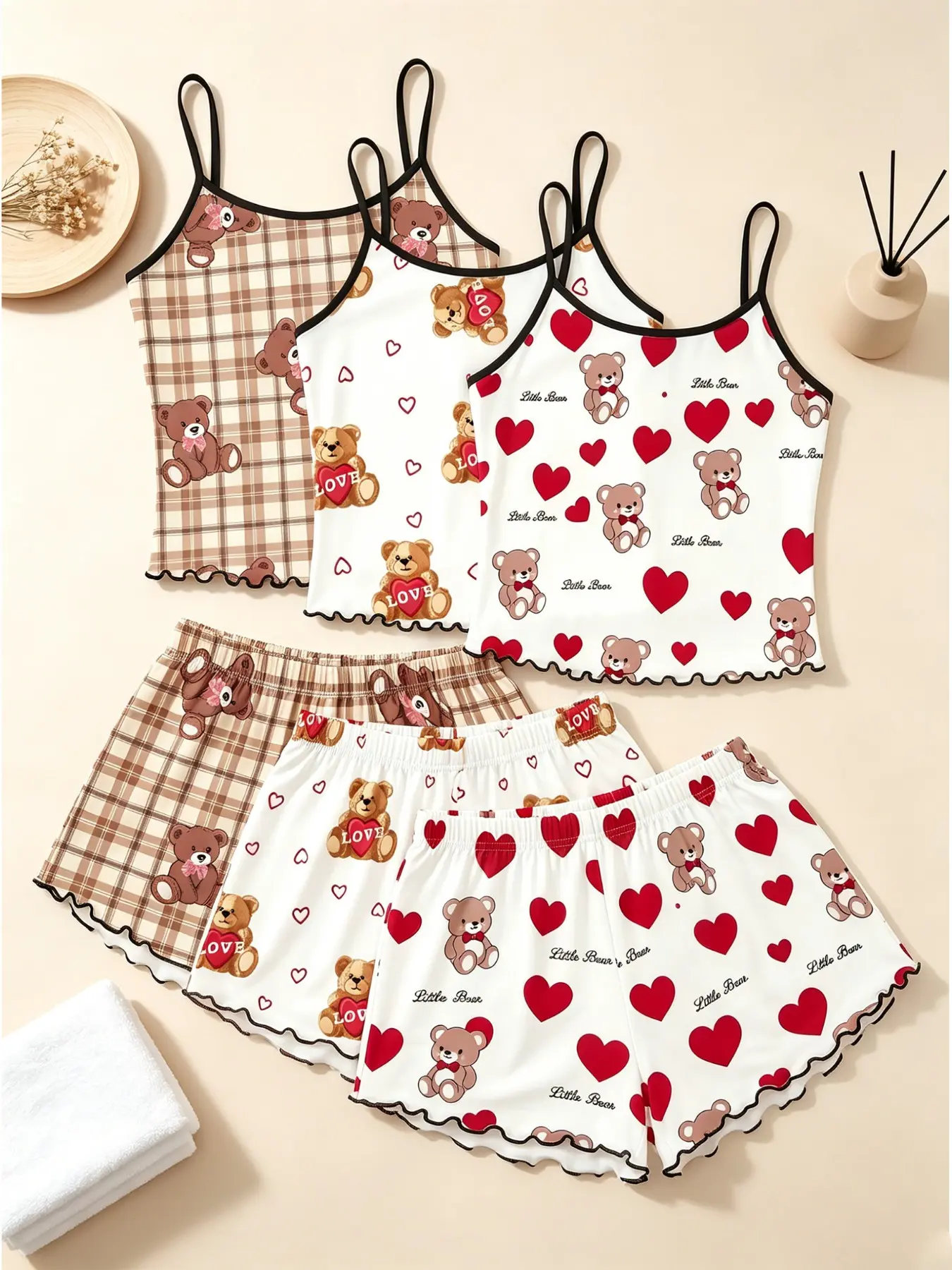 Women's Sleepwear & Loungewear 3 Pack Value Matching Set, Cute Pjs Teddy Bear Heart Plaid Print Summer Spaghetti Strap Ruffle Lettuce Hem Contrast Trim Soft Stretch Sleeveless Cami Top Short Pants Casual Two Piece Outfit Home Daily Wear