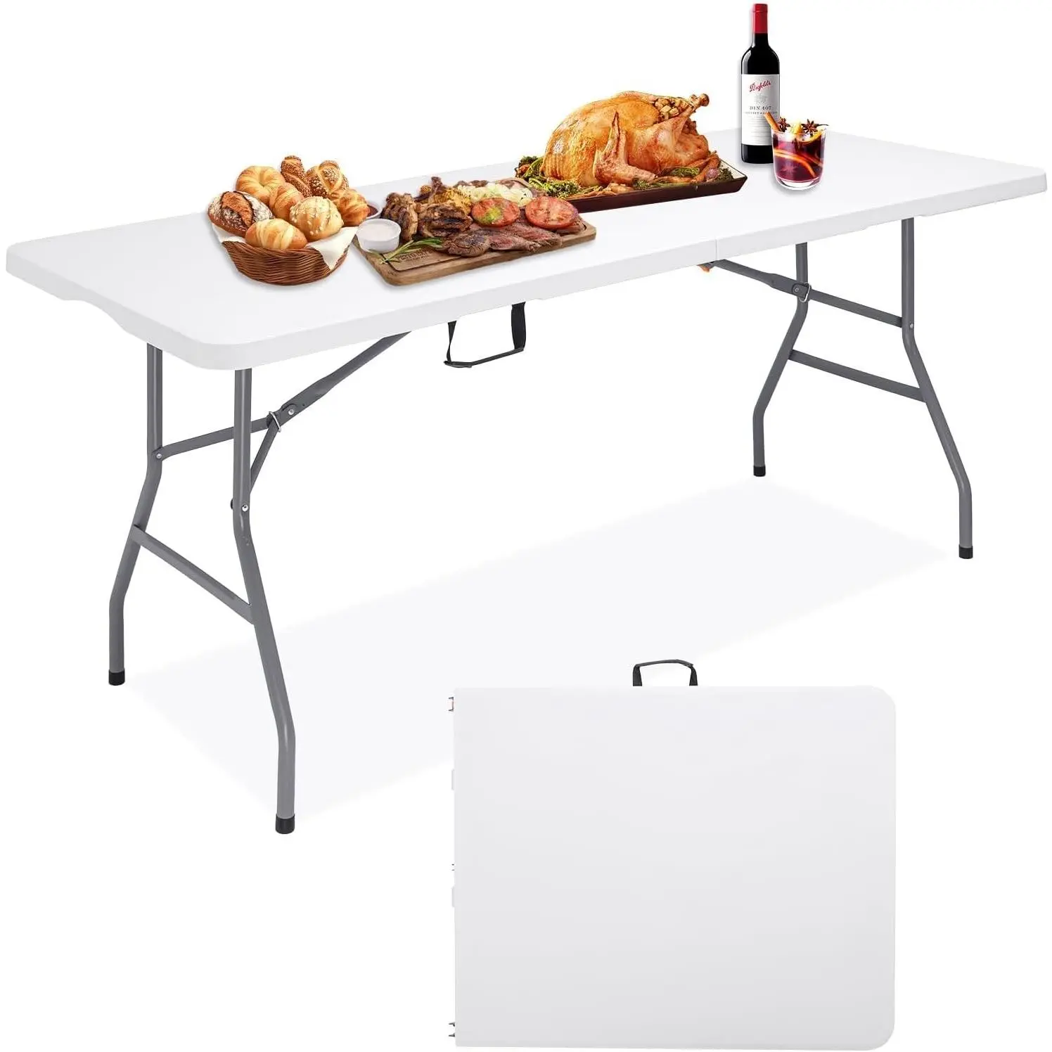 Heavy Duty 6FT Plastic Folding Table, Fold-in-Half Portable Rectangular Dining Card Picnic Table with Carrying Handle, 71x29 Inch Support 350lbs, Indoor Outdoor White