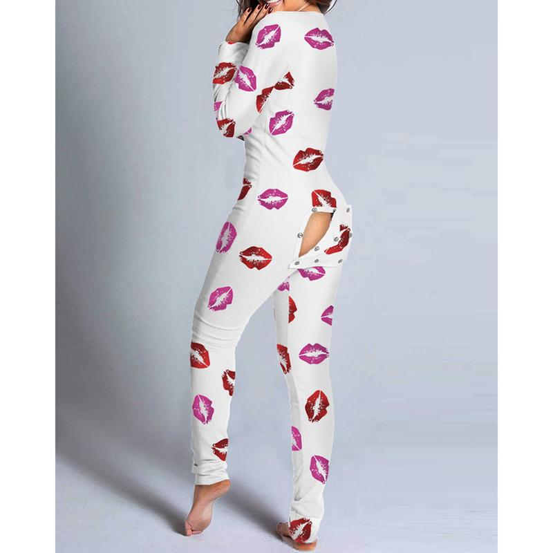 Women's Sleeping Romper, Valentine's Day Pajamas, Long Sleeve V-Neck Printed Loose Detachable Crotch Elastic Home Clothes Women's Sleeping Romper, Valentine's Day Pajamas, Long Sleeve V-Neck Printed Loose Detachable Crotch Elastic Home Clothes