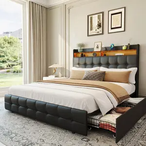 Queen/Full Size Upholstered Fabric Bed Frame with Storage Drawers and Headboard for Cozy Bedroom Upgrade