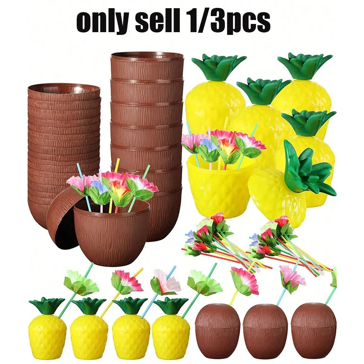 Tropical Pineapple Coconut Plastic Hawaii Drink Cup with Flower Straw, Perfect for Hawaii Parties, Beach Parties, Pool Parties, Summer Events