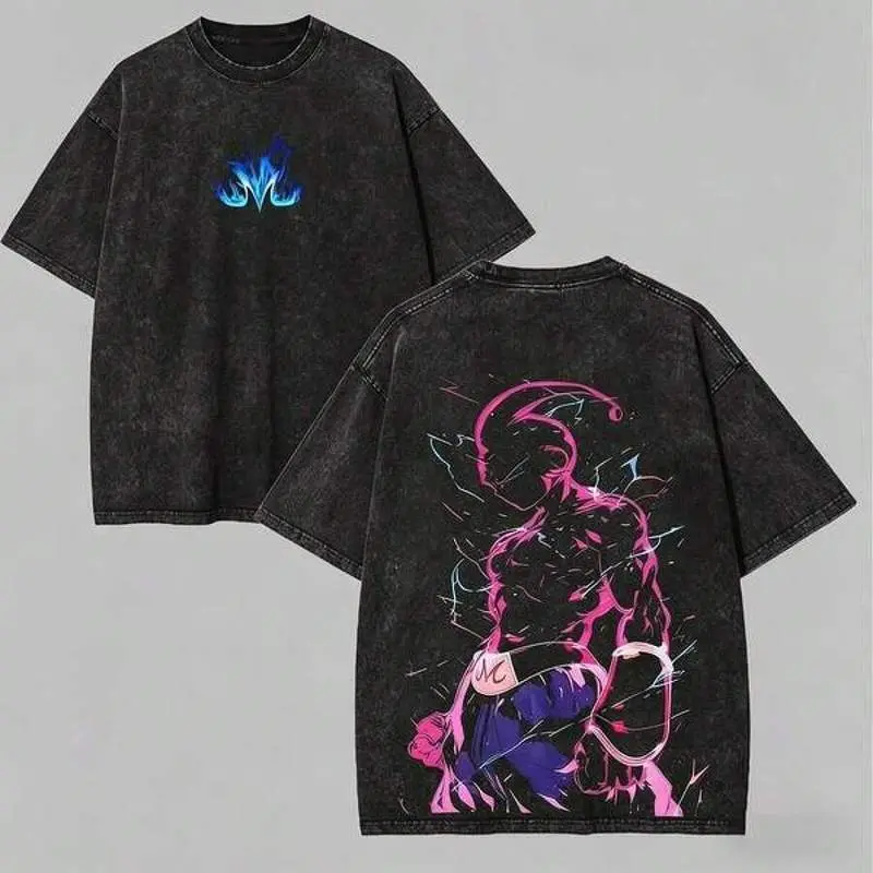 Majin Buu Dragon Ball Z Anime Graphic Tee Men Retro Lightning Silhouette Distressed Black Wash Loose Fit T Shirt Vintage Oversized Japanese Manga Shonen 90s Streetwear Harajuku Soft Casual Summer Top Y2K Aesthetic Daily Wear Trending Fashion