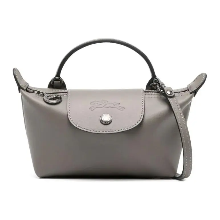Longchamp Le Pliage Xtra Genuine Leather Crossbody Bag for Women, Embossed Logo, Adjustable Detachable Strap, Snap Closure, Ultra Mini, Dove Gray