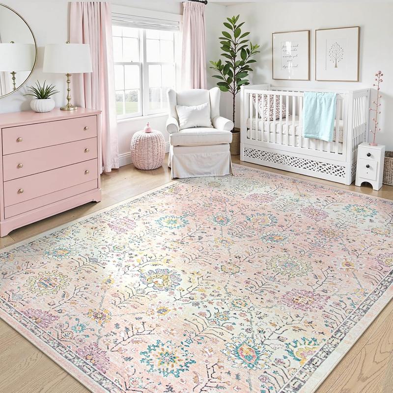 Lahome Pink Boho Area Faux Cashmere Rug, 8x10 Washable Faux Cashmere Rugs for Bedroom Living Room, Soft Blush Floral Non Slip Pastel Thin Floor Carpet for Classroom Playroom Home Decor
