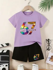 Children's Rainbow Metal Gradient 67 Six Seven Print Two-Piece Set - Boys/Girls Short-Sleeved T-Shirt Shorts - New Casual, Unique, Fashionable, Versatile Set - Essential For School - Perfect Gift For Parties