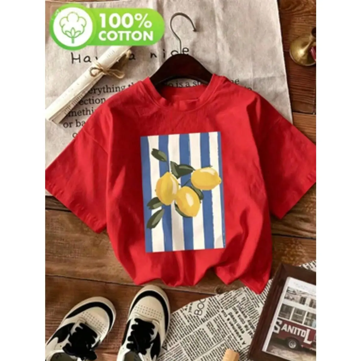 Casual Lemon Graphic Short Sleeve Tee, Women's Loose Fit 100% Cotton Top with Round Neck, Soft Fabric for Vacation, Machine Wash, Casual Wear