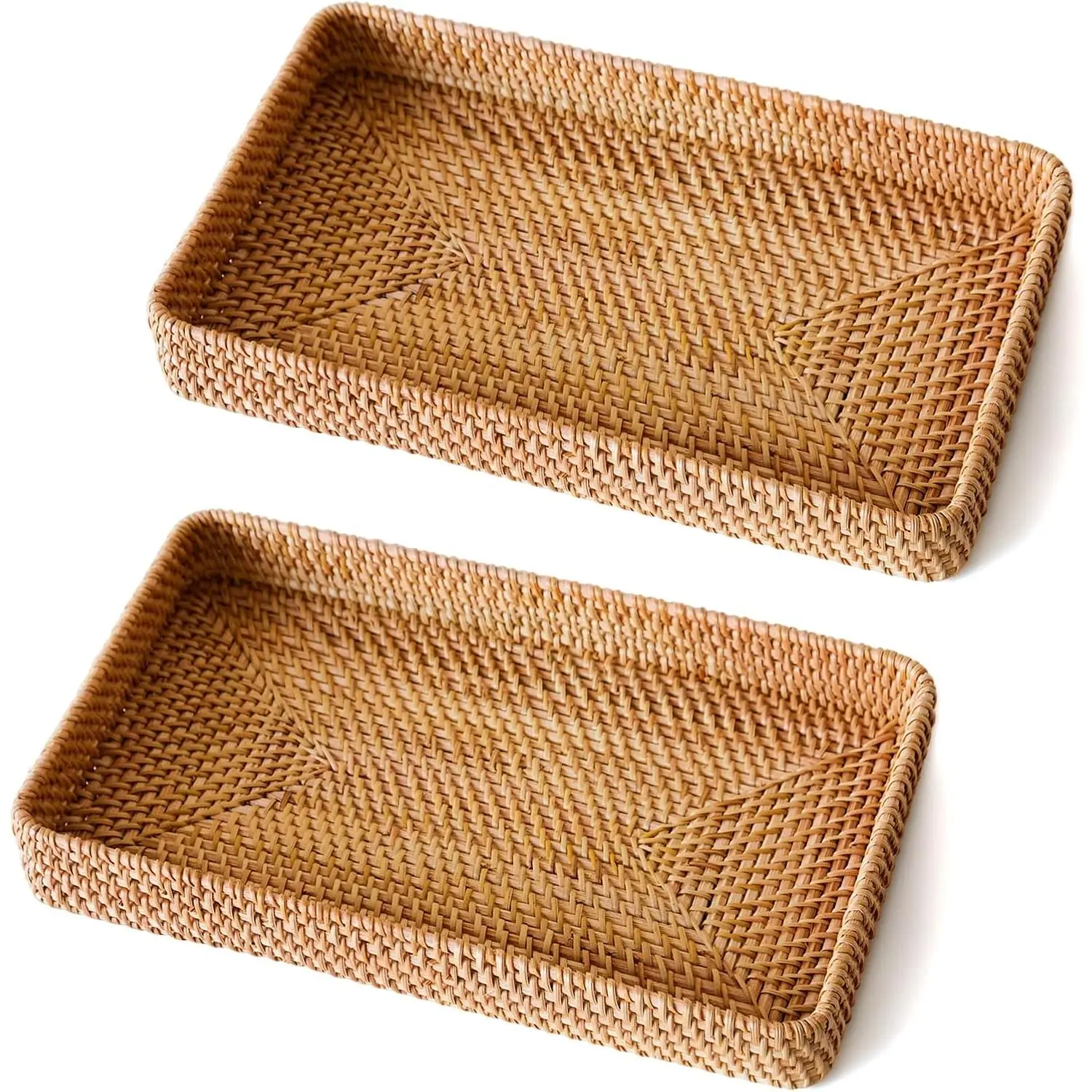 2 Pack Wicker Storage Basket, Rattan Tray Rectangular for Bathroom Living Room, Decorative Serving Woven Trays for Organizing, Woven Seagrass Tray for Storage Home Decor M(14.6" * 9.1")