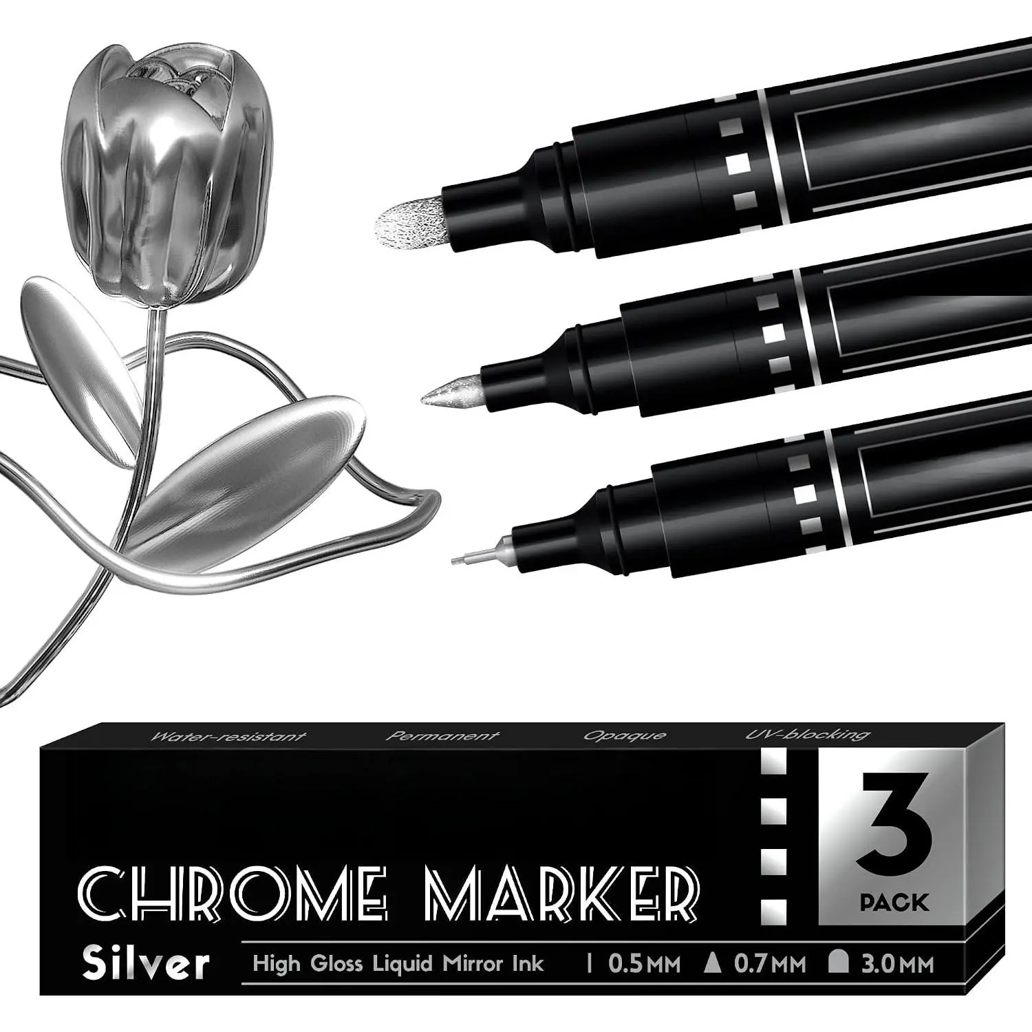 3-Count Oil-Based Permanent Chrome Marker Set, High Gloss Mirror Finish Chrome Pens with Permanent Ink for Up Model Painting, DIY Artists’ Art Projects (Office Stationery Art Supplies)