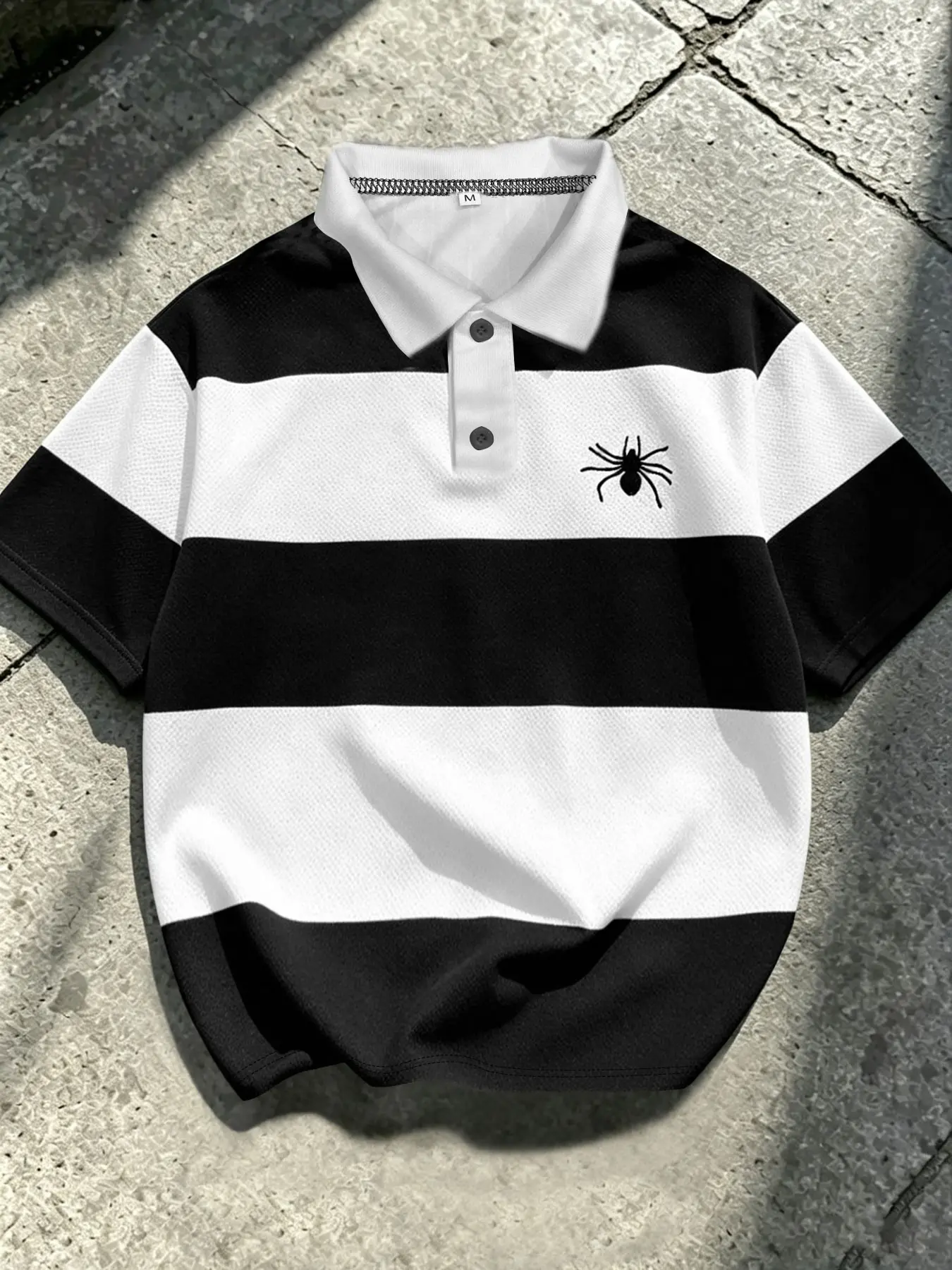 Men's Summer Casual Classic Fashion Polo Shirt, Spider Pattern Striped Polo, Y2K Street Style, Fitted Top, and Stripes, No Zipper, Menswear, Button Up Polo