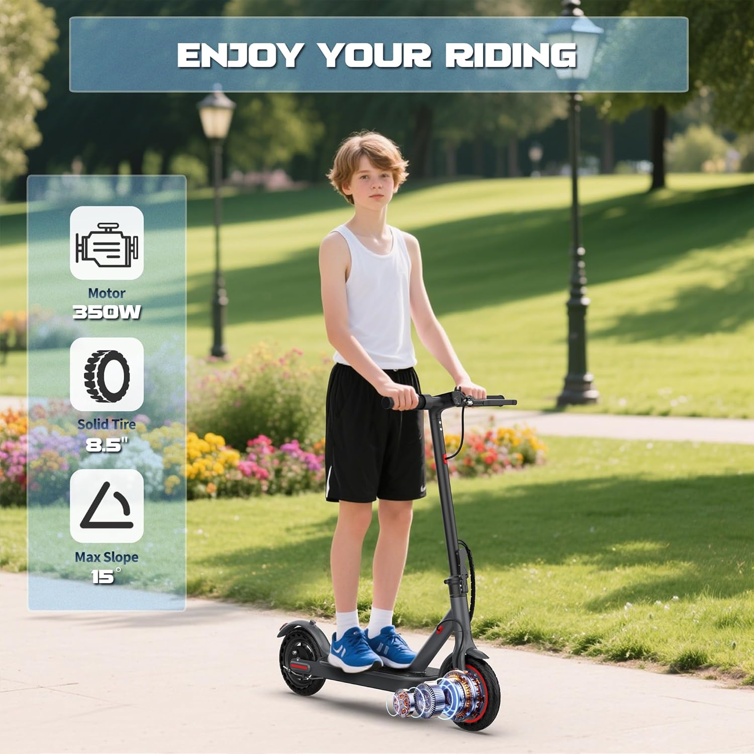 SUNDAY MIRTH Electric Scooter for 10+, 350W Motor, Max 12Miles Long Range, 19 MPH Max Speed, 8.5" Solid Tire, Lightweight Foldable E-Scooter with Dual Braking, Digital Display, Cruise Control
