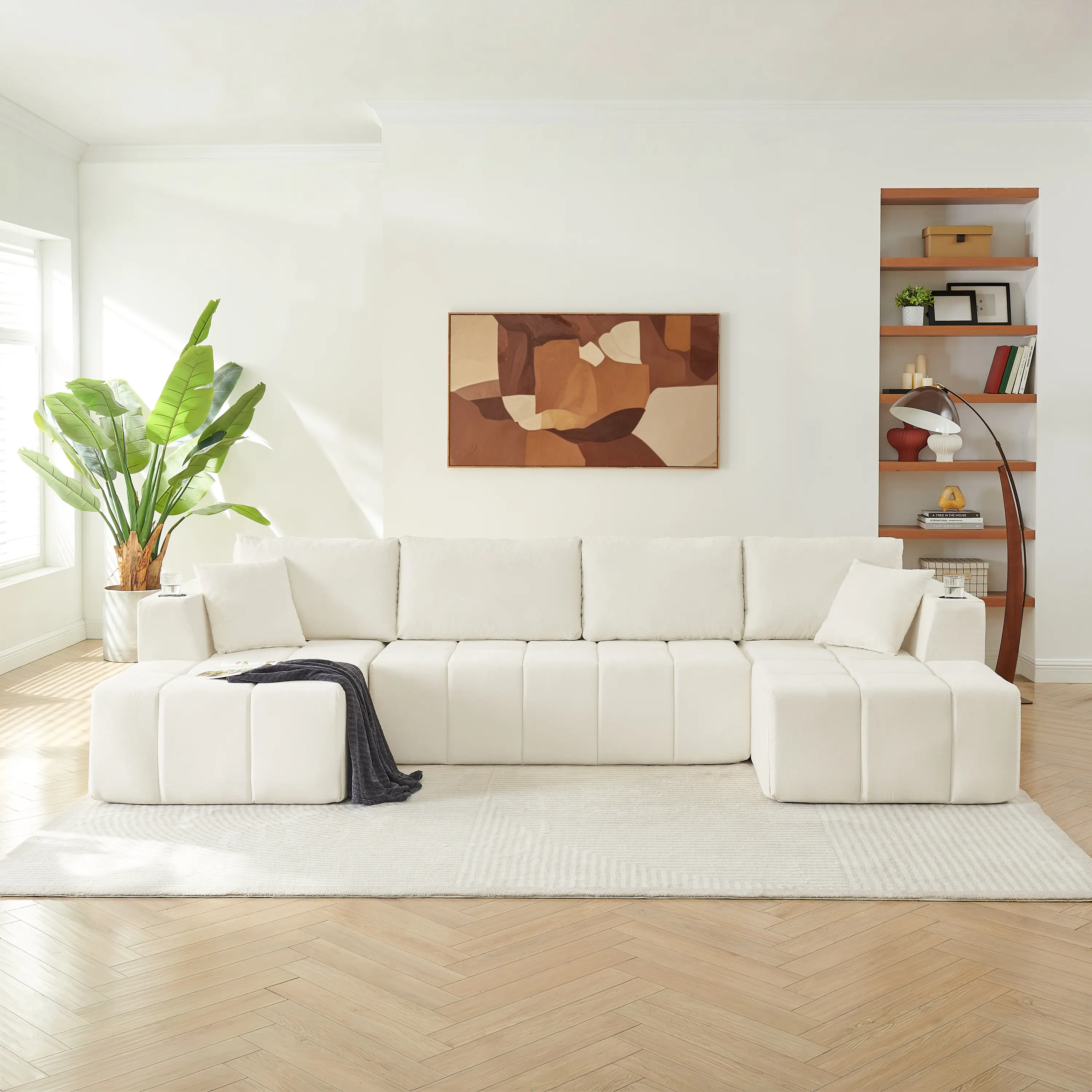 Nokka U-Shaped Chenille Sectional Sofa, Cloud Style Boneless Modular Couch with Cup Holders & Side Pockets, 6-Seat Living Room Furniture, No Assembly Required, Beige