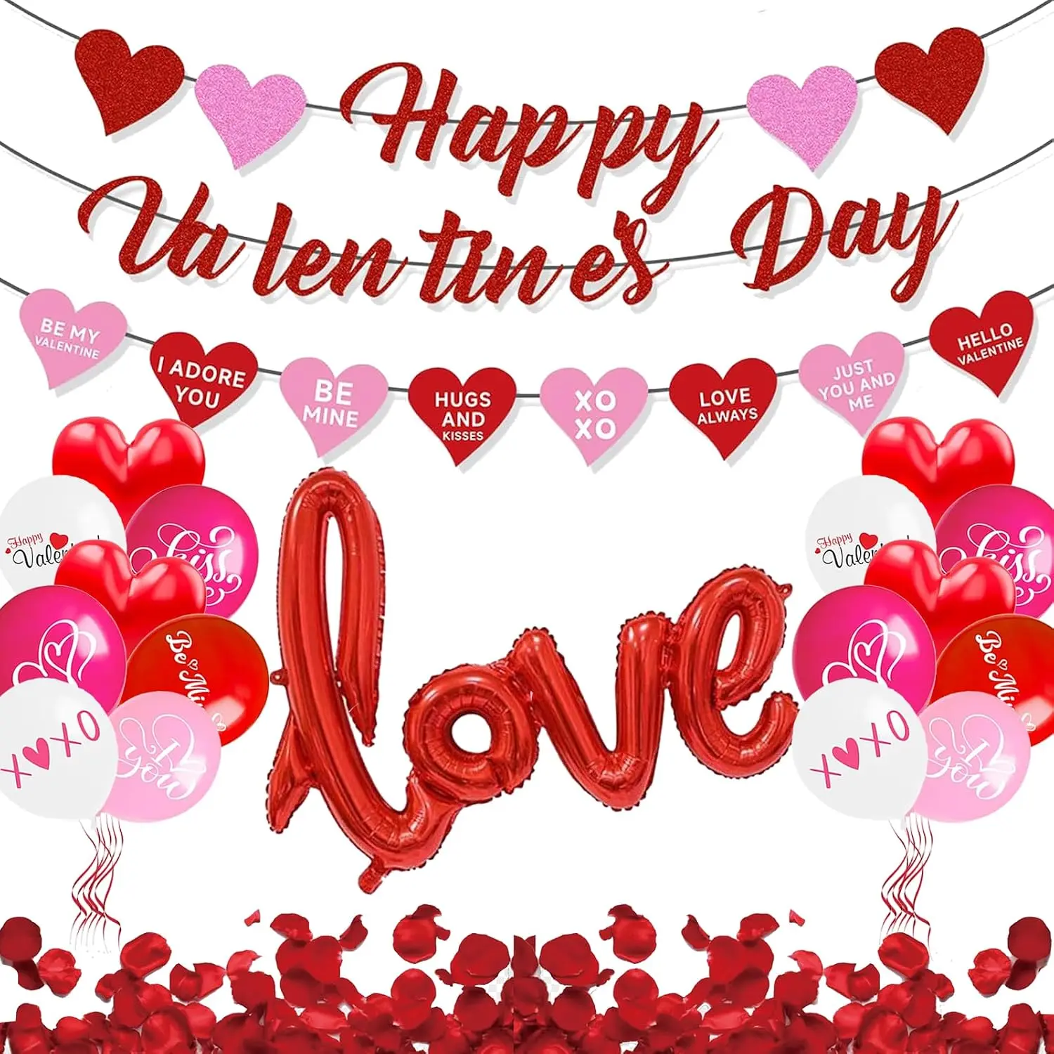 Valentines Day Decorations with Happy Valentine's Day Banner, Red Love Foil Balloons, Latex Balloons and  Rose Petals for Valentines Day Party Wedding Anniversary Engagement