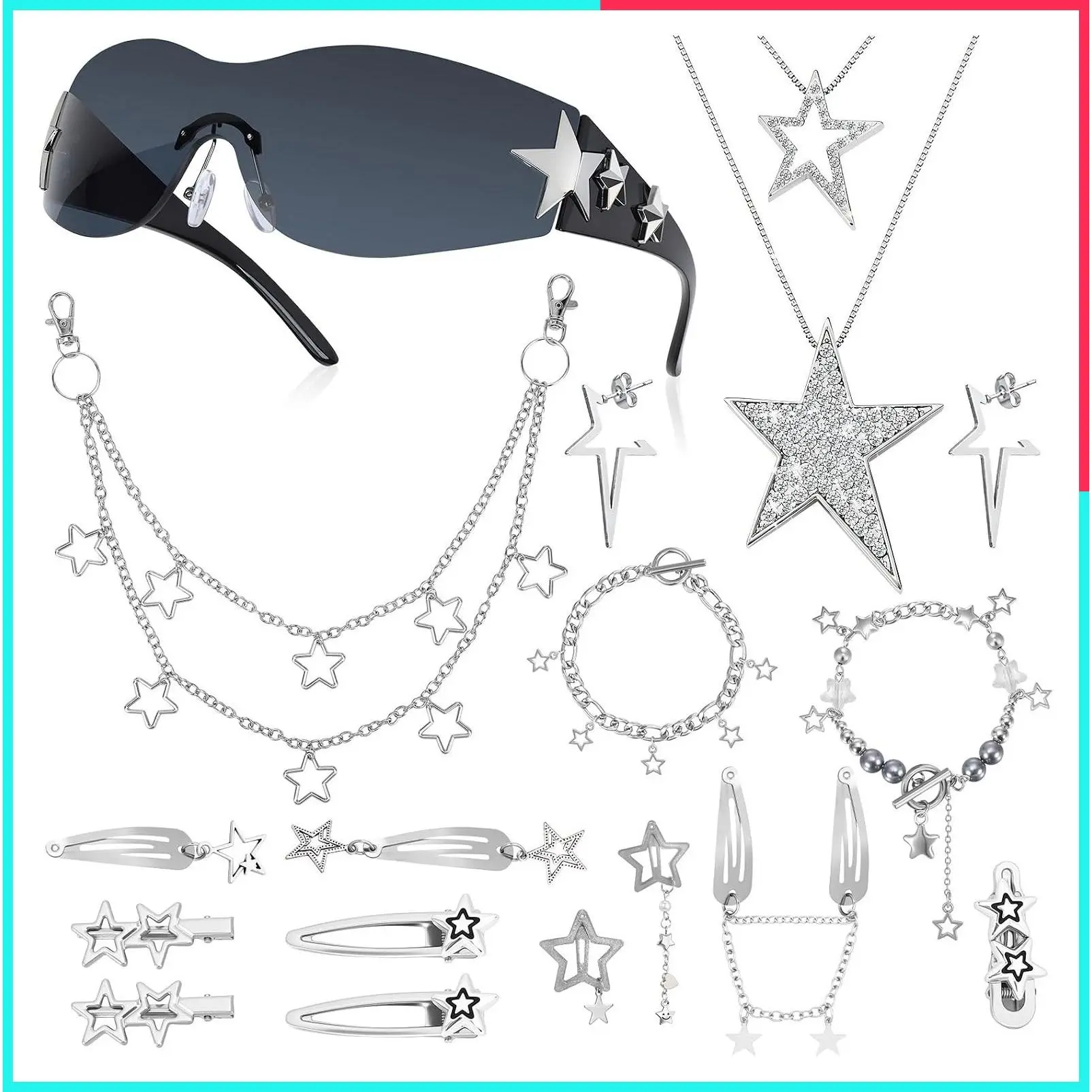 Y2K Sunglasses for Women, 16 Pcs Grunge Accessories Set - Star Layered Necklace, Bracelets, Hair Clip & Pant Chain, Grunge Aesthetic Gift