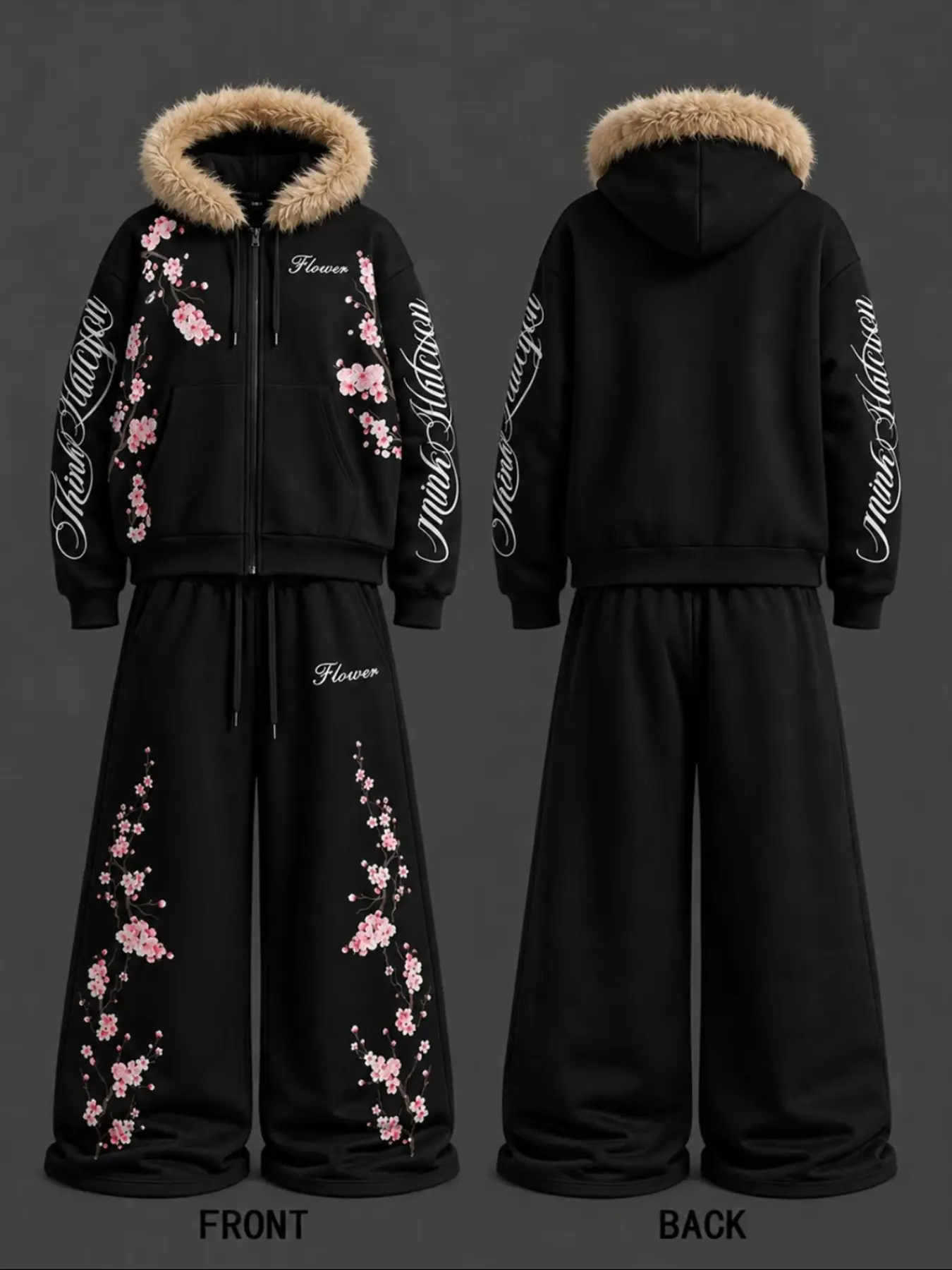 Plush Fur Hat Set, Warm and Stylish, Cherry Blossom Print, Loose Fit Pants, Street Style, Anime Culture Cool Look