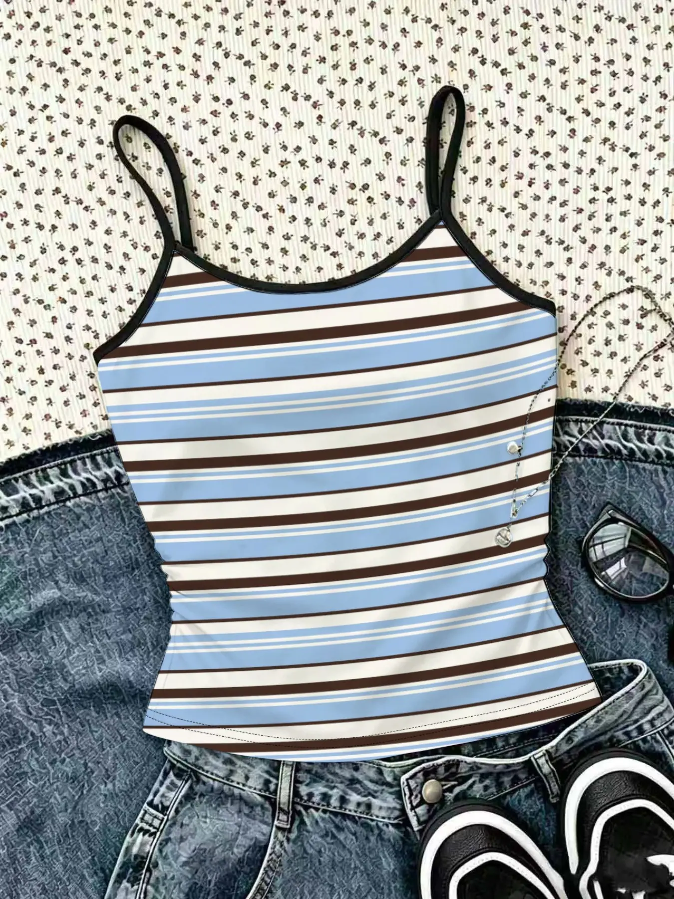1-piece set, Y2K sweet Casual style girls' striped spaghetti strap camisole, black-edged adjustable thin shoulder strap slim-fitting base top, basic summer clothing for girls