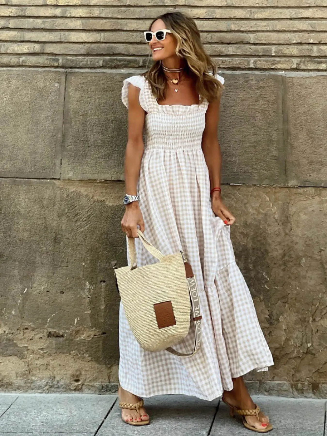 A fashionable and fresh plaid square neck Beach Holiday Dress for women, with small fly sleeves, suitable for summer, beach vacations, friend gatherings, park picnics, etc.