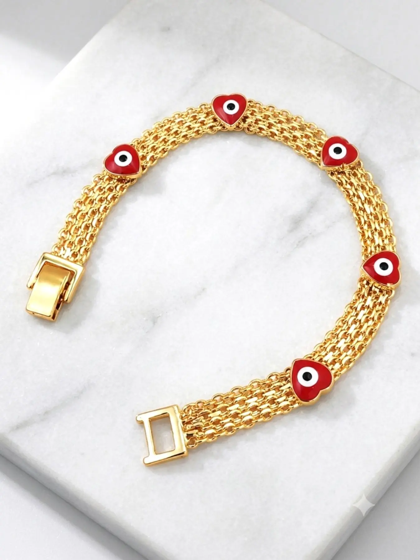 Red Heart Enamel Evil Eye Wide Cuban Bracelet for women＆men, Gold-Tone Plated Hypoallergenic Anti-Tarnish Punk Boho Unisex Jewelry Birthday Gift，EvilEyeBracelet CubanChainJewelry  PunkHipHopJewelry BohoStackableBracelet  Lucky Nazar Protection Jewelry