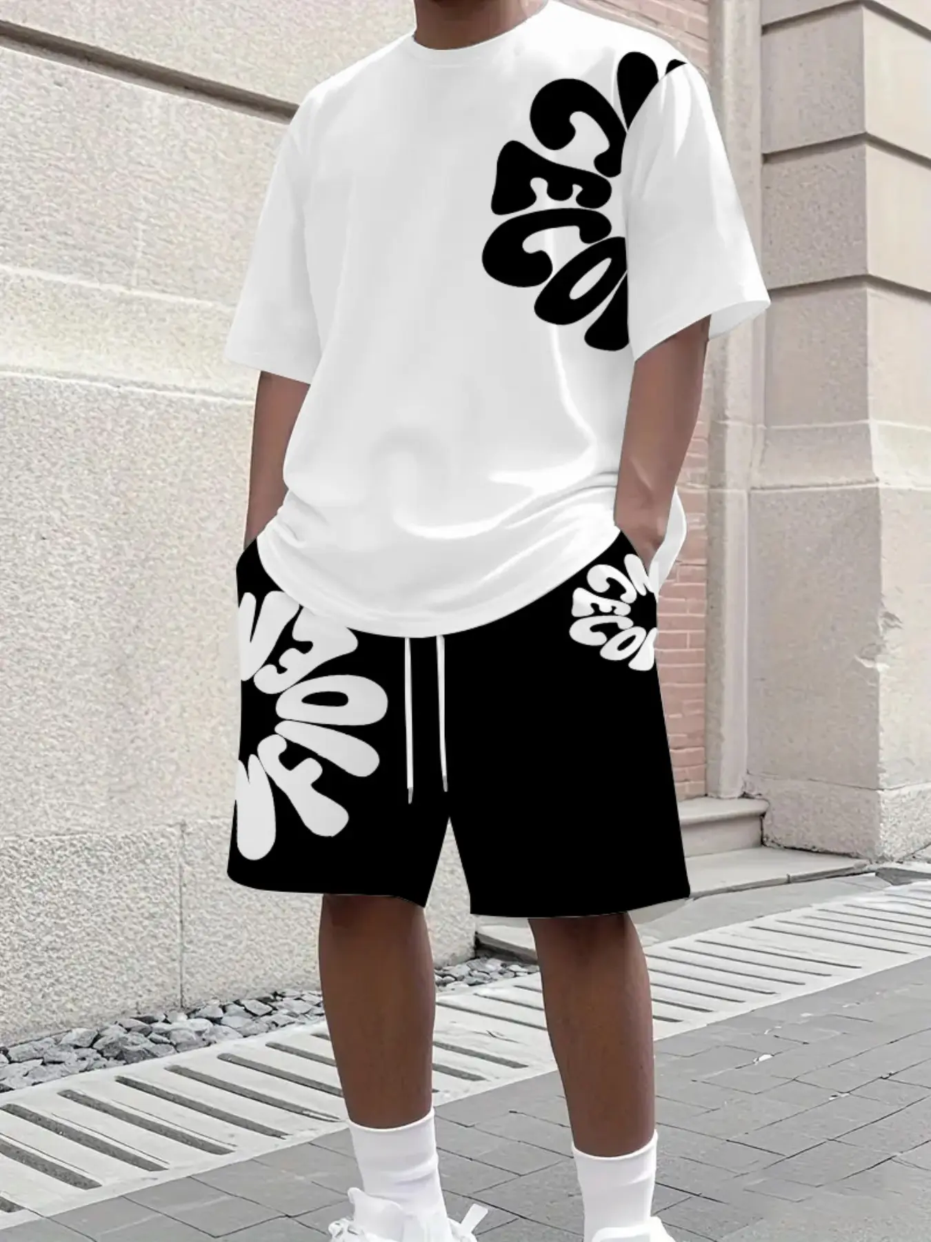 Summer Men Retro Letter Matching Set Short Sleeve Tee & Drawstring Shorts Hip‑Hop Streetwear Two Piece Tracksuit