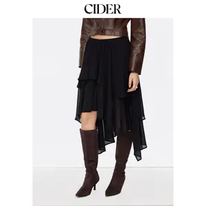 Cider Mid Rise Solid Ruffle Asymmetrical Hem Maxi Skirt