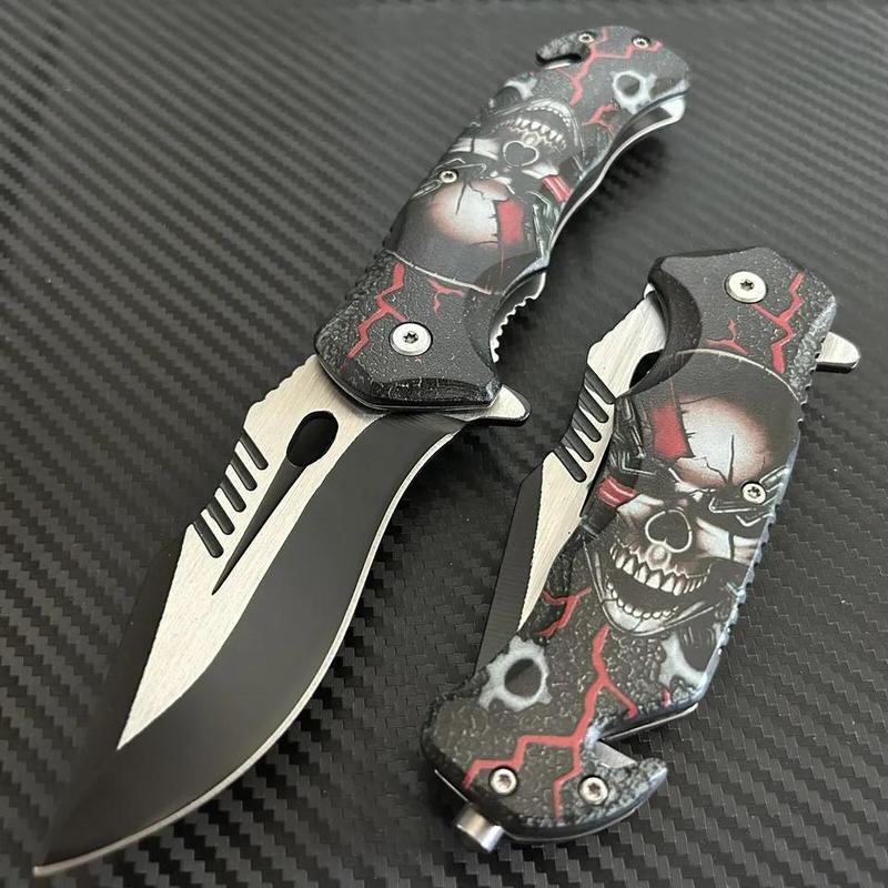 Skull Magic Belt Clip Folding  -lightweight EDC  , skull and lightning design, left and right hand universal lock and glass breaker, legal pocket  fold straight  sharp blade men outdoor survival fruit cutting multifunctional portable tactical knife