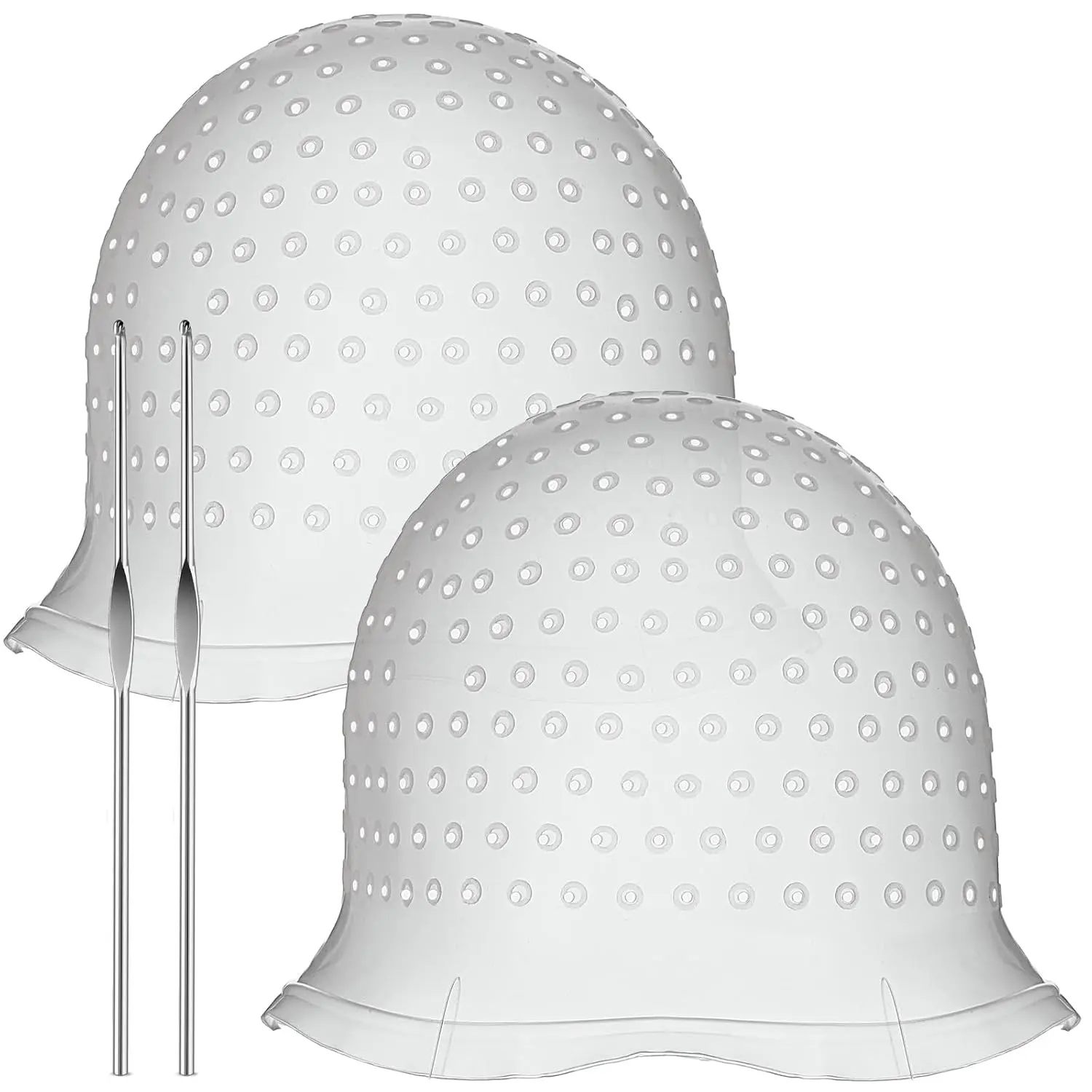 2-piece set of hair dyeing and highlighting caps, reusable silicone highlighting caps, pull-through hair dyeing caps, hair dyeing caps with hooks, hair dyeing caps with holes, hair salon tools, hair dyeing and highlighting set