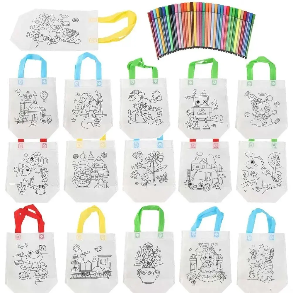 2026 New DIY Custom Graffiti Craft Kit (50Pcs:14 Bags+36 Watercolor Pens) - Lightweight Single-Side Blank Non-Woven Totes, Easy-to-Color Bag Accessories for Holiday Events, Classroom Projects