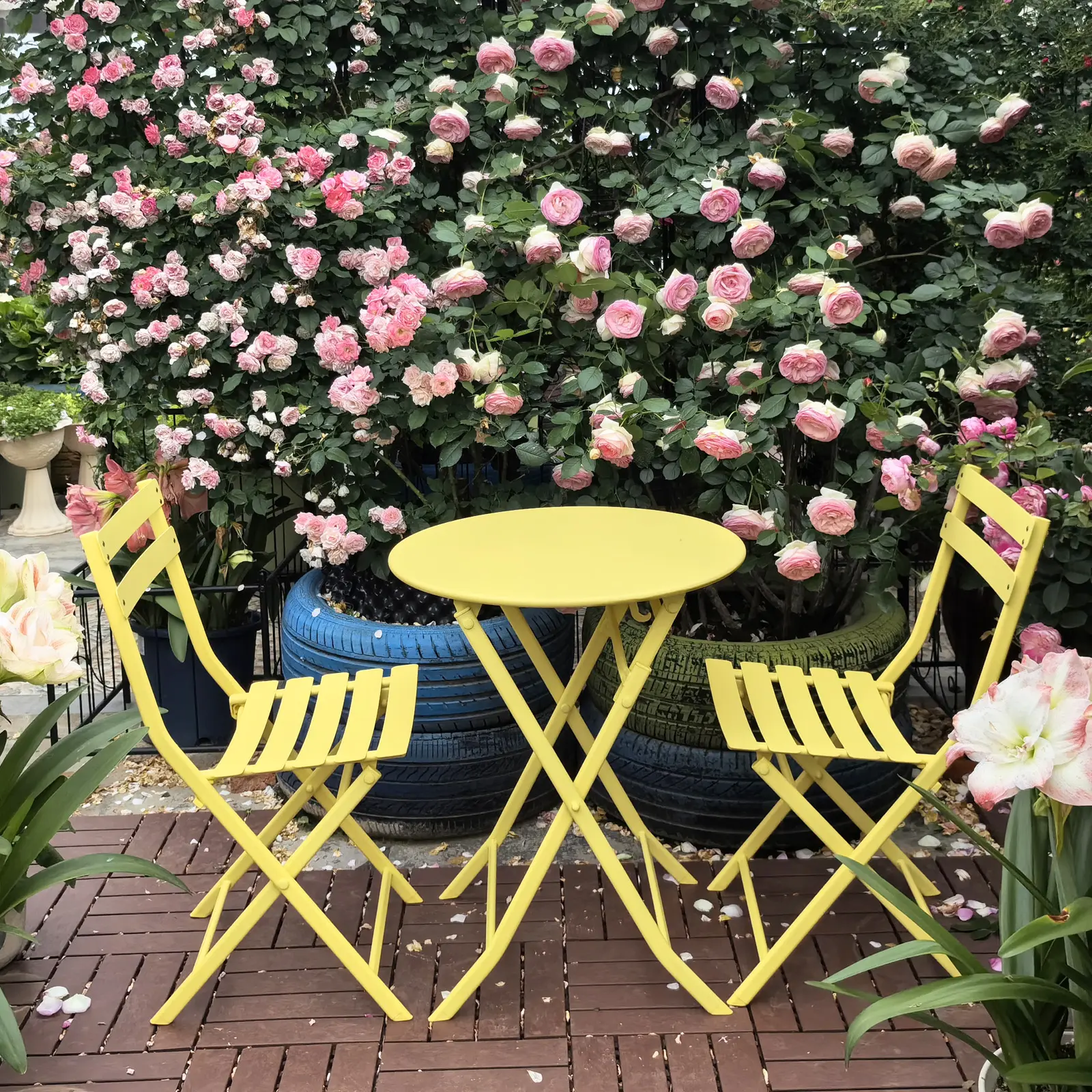 ARCH 3 Piece Patio Bistro Set Foldable Round Table and Chairs Yellow Outdoor Dining Furniture Set for Garden Balcony Porch Backyard Compact Space-Saving Metal Frame Easy Clean, Dining Room Chairs for Kitchen, Dining Room, Living Room
