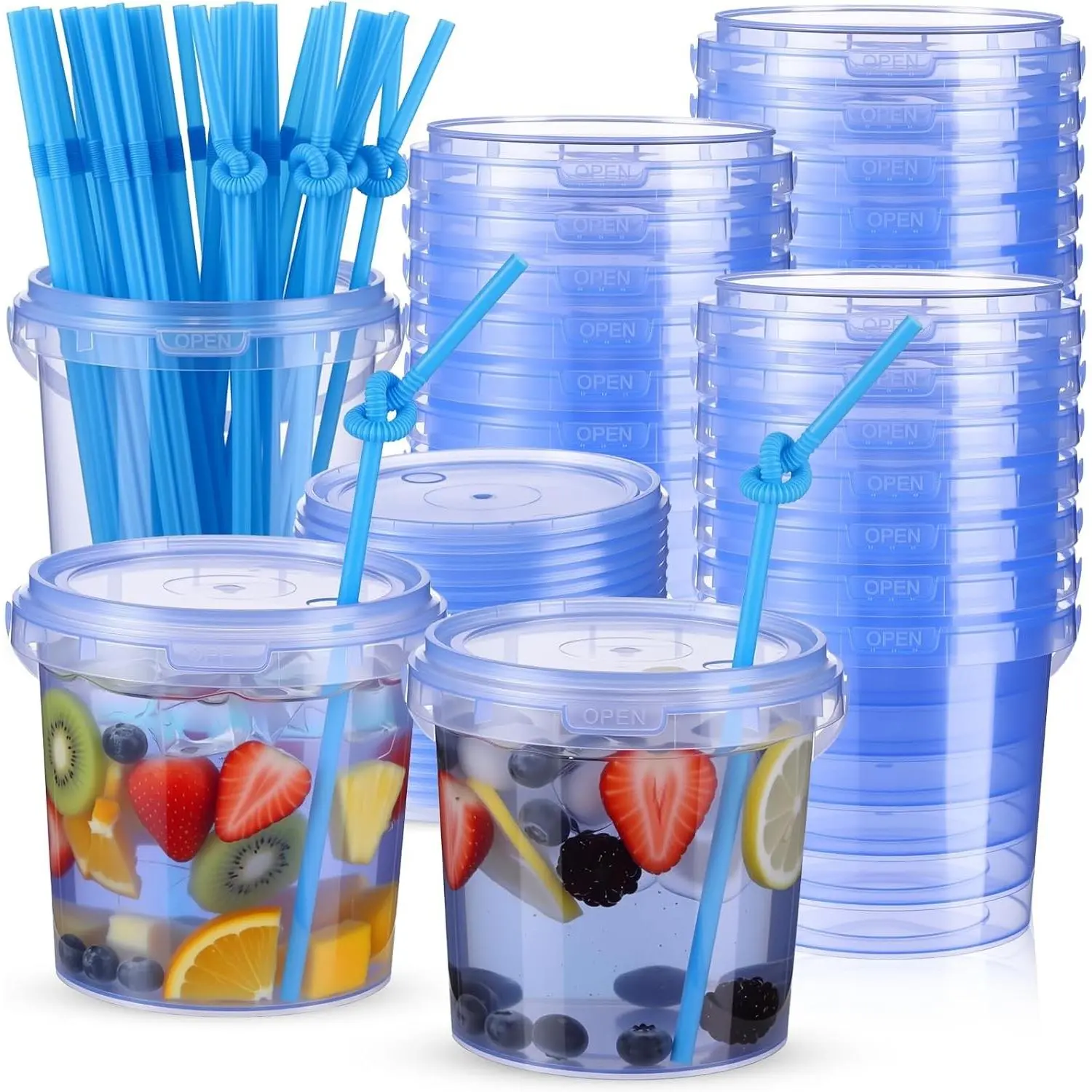 24 Pack 34 oz Blue Disposable Plastic Drink Buckets with Lids, Straws & Handles, Clear Cocktail Rum Buckets for Beverage Coffee Lemonade Pool Picnic Party Supplies