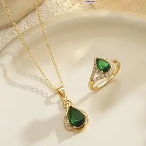 Luxury Emerald Green Zircon Necklace Ring Set for Women, Gold Plated Full Diamond-Inspired Jewelry, Teardrop Pendant Collarbone Chain, Elegant Evening Wear Accessory for Weddings, Banquets & Special Events
