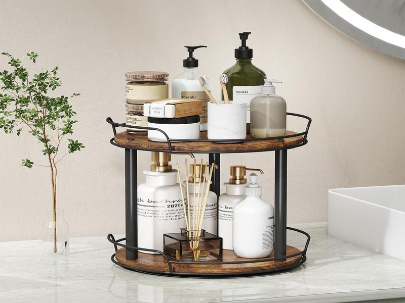 9.1'' Wood Lazy Susan Turntable Organizer for Cabinet, 2 Tier Lazy Susan Spice Rack Organizer for Kitchen, Table Top, Countertop, Pantry, Medicine Organizer