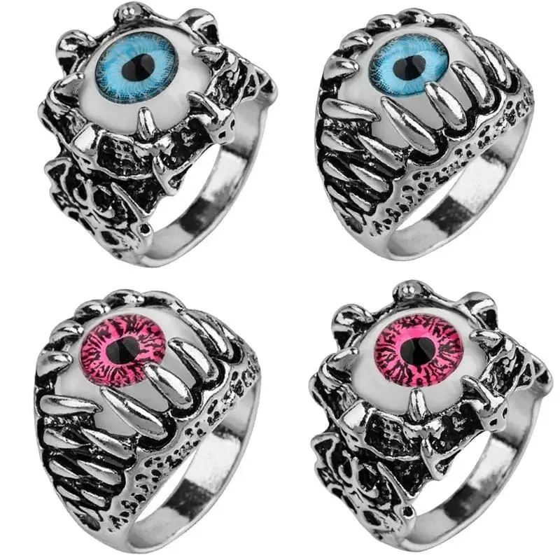 Male Large Vintage Silver Dragon Claw Evil Eye Fake Eyeball Rings - Fashion Anime Skull Hip Hop Costume Jewelry, Figure-Enhancing Accessory