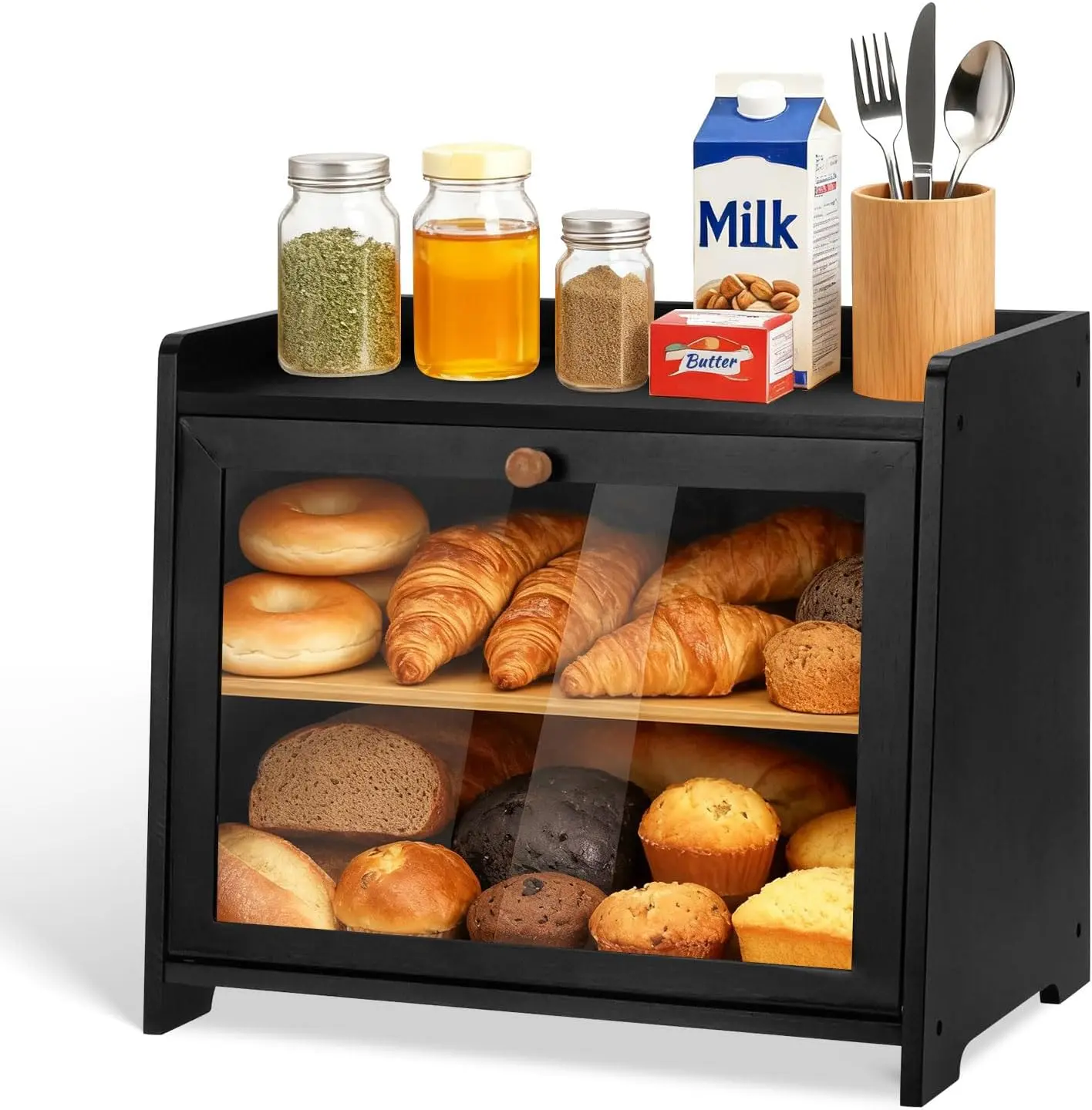 Bamboo Bread Box for Kitchen Countertop, Double Layer Bread Storage Container Farmhouse Bread Organizer Bin with Acrylic Window Bread Holder for Cabinet, Pantry, Cupboard(Black)