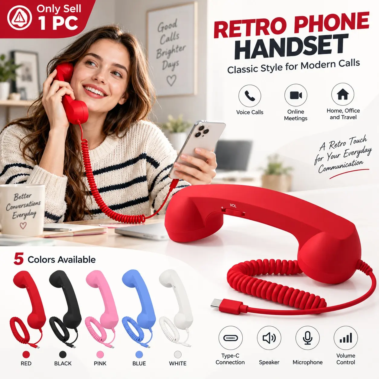 Retro Phone Handset, Red Vintage Style Type-C Corded Telephone Receiver with Microphone, Speaker and Volume Control, Ergonomic Cell Phone Accessory for Voice Calls, Online Meetings, Home, Office and Travel
