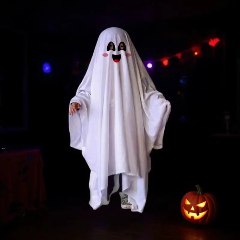 Halloween children's ghost costume with ghost face cape, parent-child matching outfit, cape for spring and autumn, Halloween ghost hooded cape, children's clothing to create a terrifying Halloween role-play